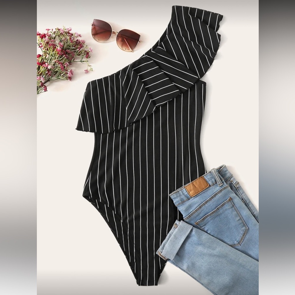 Black and White Striped One-Shoulder Bodysuit